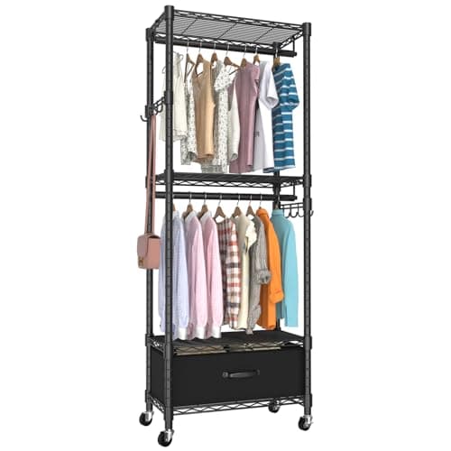 VyGrow Clothes Rack, Clothing Rack for Hanging Clothes, 4 Tiers Adjustable Closet Organizer System with Drawer | Double Rods | Side Hooks | Load 445lbs | 23" L x 13.18" W x 78.74" H | Black