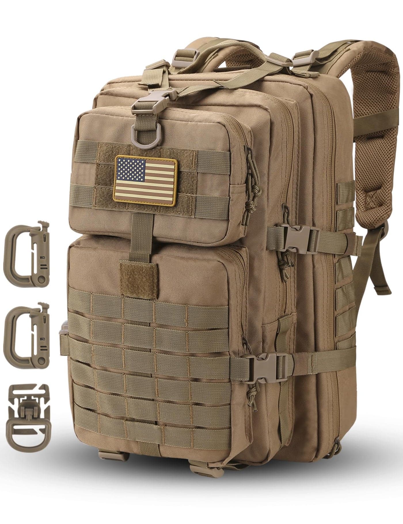 Hannibal Tactical MOLLE Assault Pack, Tactical Backpack Military Army Camping Rucksack, 3-Day Pack Trip w/USA Flag Patch, D-Rings, Coyote