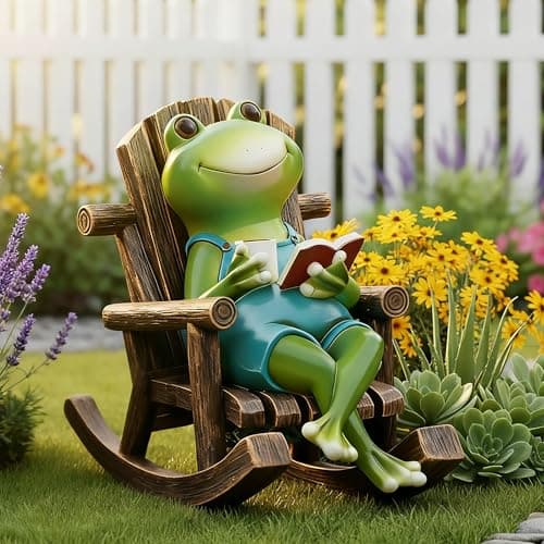 Flytime Frog Garden Decor Outdoor Garden StatueFrog on Rocking ChairSuitable for Indoor and Outdoor Patios Gardens Flowers and Lawns A Whimsical DecorationCoffee