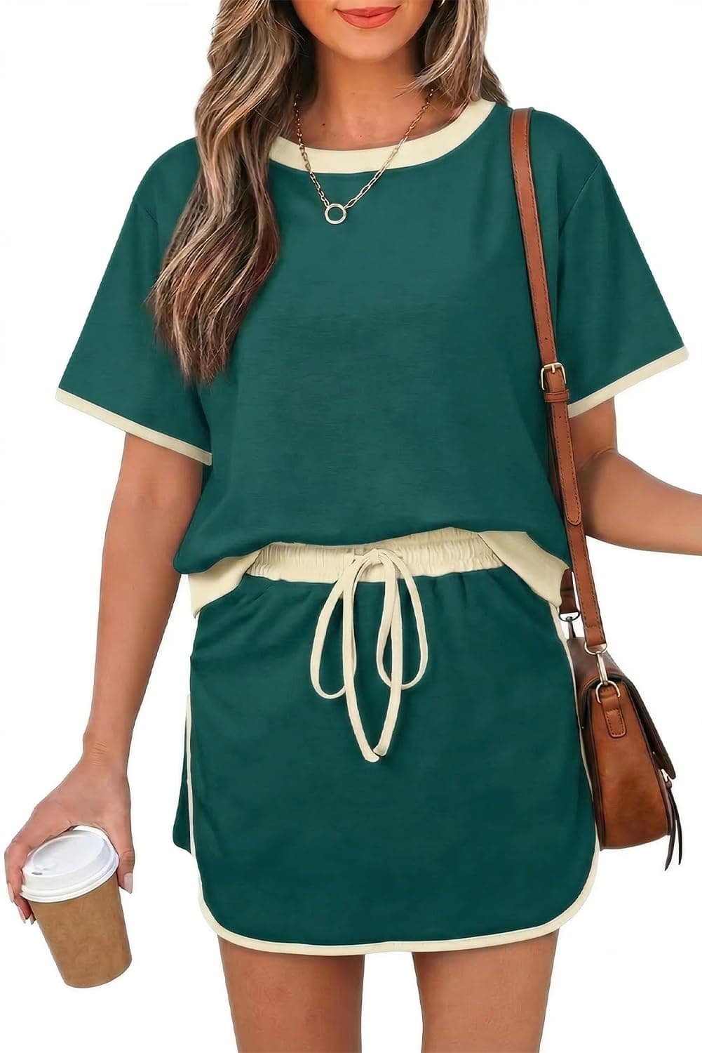 Opemiby Fashion Summer Two Piece Set Crewneck Tshirt and Short Sets Minimalist Design No Pockets Cruise Outfit for Going Out Polished Brunch Coffee Beach Vacation Travel Airport Evergreen 2XL