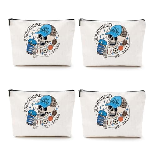 CQM 4pcs Boy Mother Mom Gifts Funny Makeup Bag Baseball Soccer Football Basketball Sports Gifts Skeleton Cosmetic Bag Sports Mama Zipper Pouch Gifts for Mom Women Sports Coaches Birthday Gifts