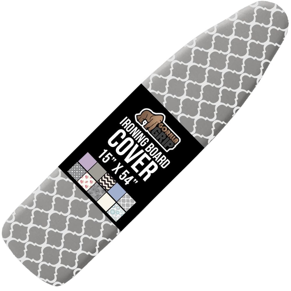 GORILLA GRIP The Original Ironing Board Cover and Pad Silicone Coating Thick Scorch Resistant Padding Heavy Duty Iron Covers Standard Boards Hook and Loop Fastener Strap Quatrefoil Gray 15x54