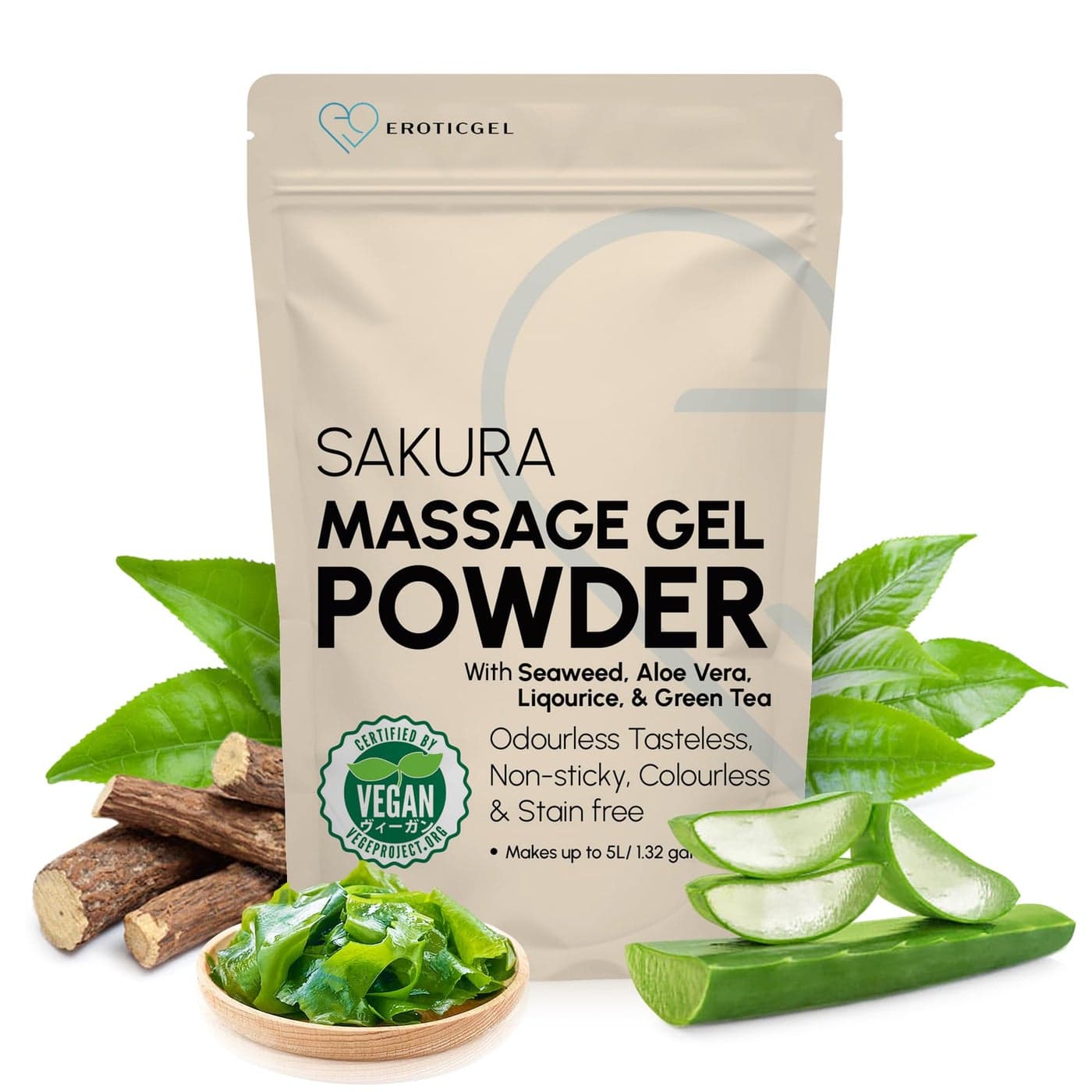 Japanese Nuru Massage Gel Powder 50g Sakura Edition Resealable Sachet Aloe Vera Seaweed Liquorice Green Tea Made in Japan Odorless Tasteless StainFree Makes Up to 132 Gal of Gel
