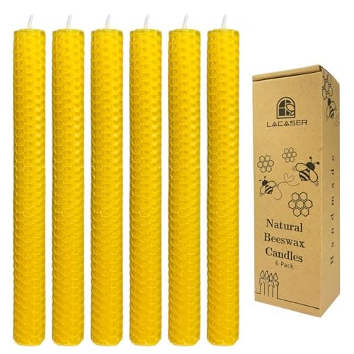 Lacaser Beeswax Taper Candles Set of 6 Pcs, 9" Long Candles for Candlesticks in Yellow, Dripless & Smokeless, Burning Time 4 Hours