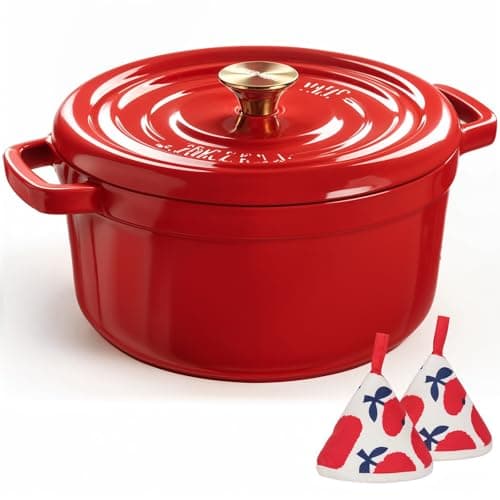 Overmont Enameled Cast Iron Dutch Oven - 5QT Pot with Lid Cookbook & Cotton Potholders - Heavy-Duty Cookware for Braising, Stews, Roasting, Bread Baking red