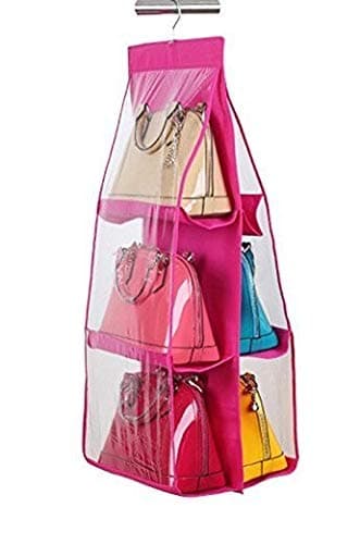 Inditradition Hanging Purse Bags Organizer | Standing Storage Rack for Handbags, Purse, Clutches, Hats (6 Pockets, with Hook, 90 cm) (Pink)