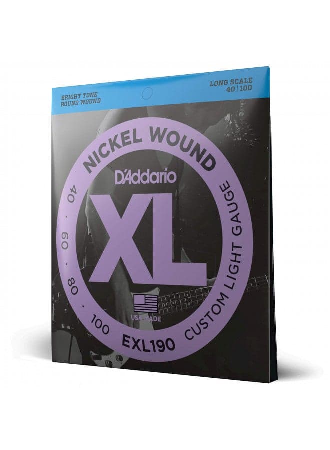 D'Addario Bass Guitar Strings - XL Nickel Bass Strings - EXL190 - Perfect Intonation, Consistent Feel, Powerful Durability - For 4 String Bass Guitars - 40-100 Custom Light, Long Scale
