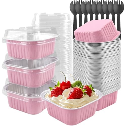 Tikxlafe 50 Pack 5oz Square Mini Cake Pans with Lids and Spoons,Aluminum Foil Baking Cups,Disposable Mini Loaf Pans Ramekins for Brownie, Cheesecake, Mousse & Wedding Party Favors-Pink