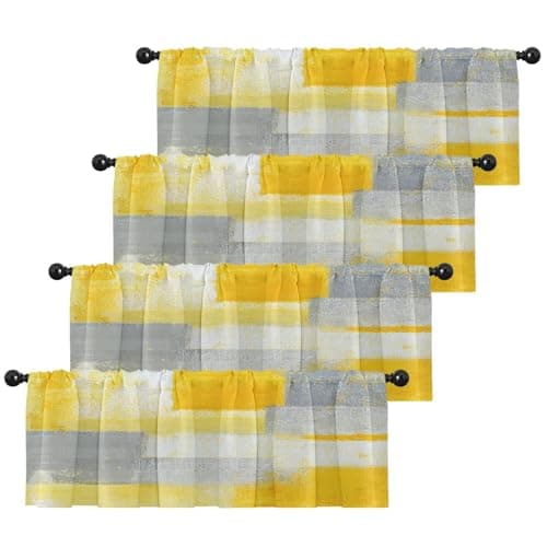 Emvency 4 Pack Valances Window Treatments, Yellow and Grey Abstract Modern Art Blackout Adjustable for Living Room Bathroom Bedroom Kitchen Over Sink, 18x52 Inch Rod Pocket Valances