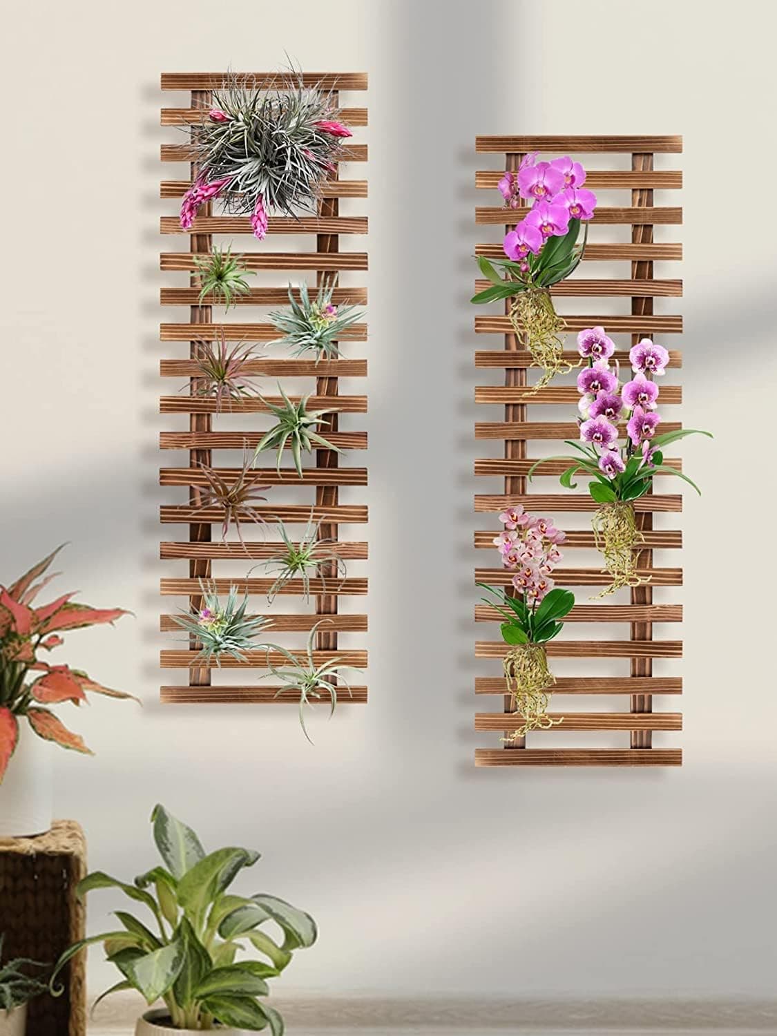 EMIWUD FURNITURE Wall Planter - Hanging Wooden Wall Planter for Indoor Outdoor Plants Wall Mount Planter, Air Plant Holder, Wooden Trellis for Climbing Plants (Set of 2 (60 cm))
