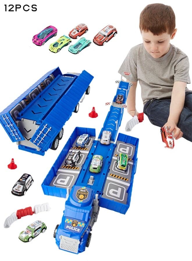 Race Car Track Toy Truck Toy with Slots Foldable Race Tracks Transport Car Carrier Toy for Toddlers Cars Toy Set Container Truck Toy with 12 Alloy Cars Vehicles Toy Set for 3+ Kids Boys Girls