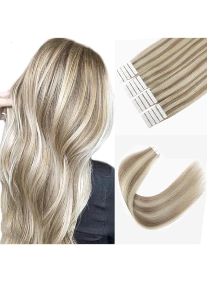 Sixstarhair Seamless Tape In Hair Extensions Remy Human Hair Highlight Hair Extensions Color Swedish Blonde and Ash Blonde Piano Color For Beautiful Girl 50g20 Pieces Pack Color 2060 22inch