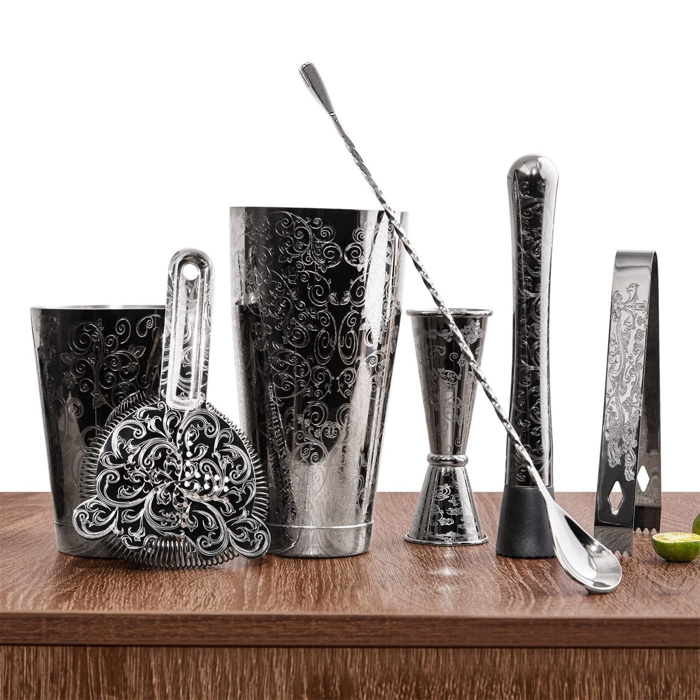 SKY FISH Boston Cocktail Shaker Set Etching Bartender Kit 7piece Professional Bar Tools in Gift Box Handwash Black