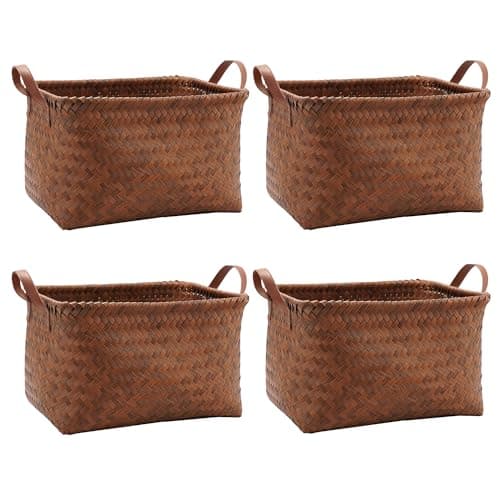 GIB Large Wicker Storage Baskets for Shelves Clothes Blankets Basket Woven Laundry Basket for Organizing, Decorative Rectangular Closet Organizers and Storage Bins with Handles, Brown, 4 Pack