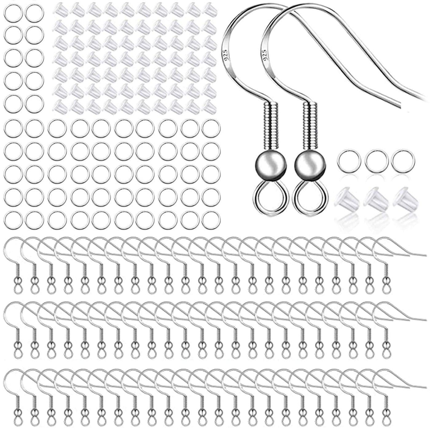 925 Sterling Silver Plated Earring Hooks 150 PCS75 PairsEar Wires Fish Hooks500pcs Hypoallergenic Earring Making kit with Jump Rings and Clear Silicone Earring Backs Stoppers Silver