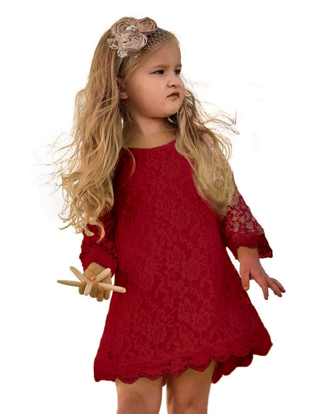 Flower Girl Dress, Lace Dress 3/4 Sleeve Dress (Red, 18-24 Months)