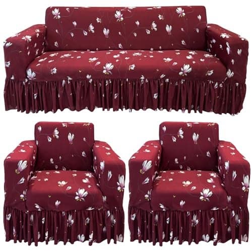 Gifts Island® Sofa Cover 5 Seater Fully Covered Universal Polycotton Spandex Sofa Cover with 360° Frill Non-Slip Sticky Elastic Stretchable Sofa Set Slipcover for (3+1+1 Seater), Maroon Floral