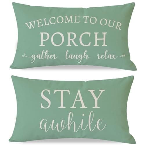 PANDICORN Welcome to Our Porch Stay Awhile Eucalyptus Green Outdoor Farmhouse Lumbar Decorative Throw Pillow Covers 12x20 Inch Set of 2 Cozy Relax Spring Summer Decoration for Sofa Couch Porch Decor