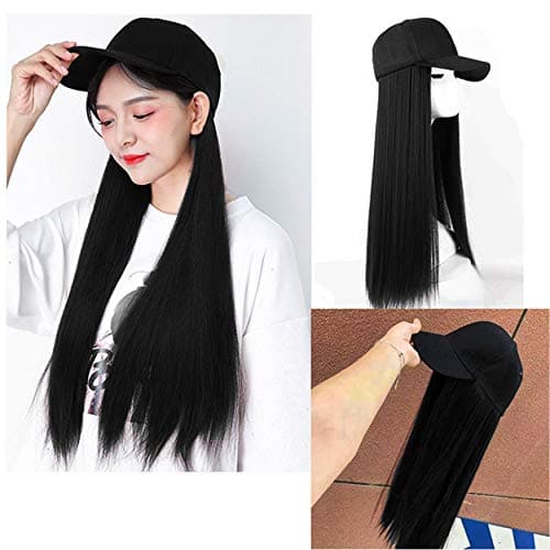 Rapidsflow® Synthetic Hair Hat 26" Long Straight Hairpiece Adjustable Baseball Cap Attached Natural Wig for Women Girls(FREE CARRY POUCH) (Black)