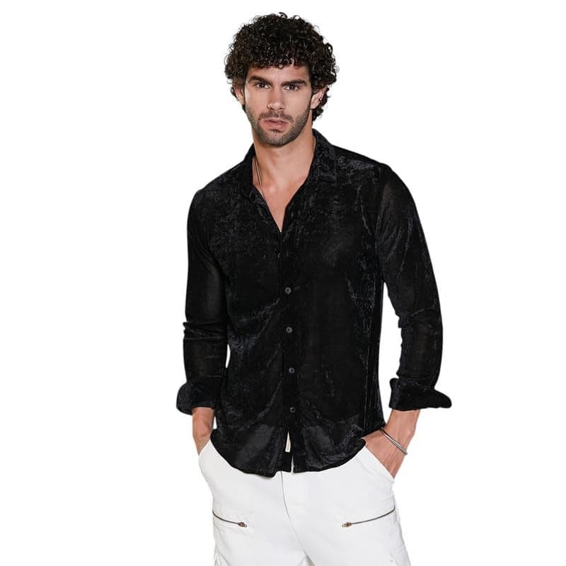 Campus Sutra Men's Onyx Black Solid Velvet Shirt for Casual Wear | Spread Collar | Long Cuffed Sleeves | Button Closure | Shirt Crafted with Comfort Fit for Everyday Wear