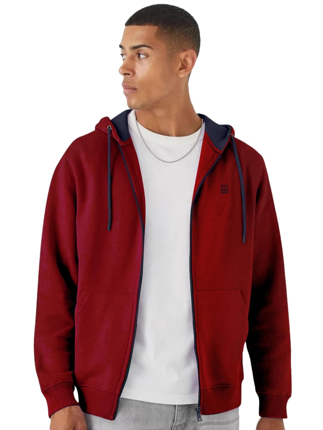 Urbano Fashion Men's Maroon, Navy Cotton Zippered Hooded Sweatshirt (jakt-solconhd-maroonnav-s)