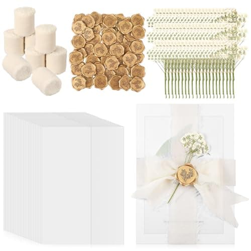 Fuyoooo 50 Sets Wedding Invitations Wraps Set Pre Folded Vellum Jackets for 5 x 7 Invitations Self Adhesive Gold Wax Seal Stickers Dried Baby's Breath Flowers Chiffon Silk Ribbon for Craft DIY