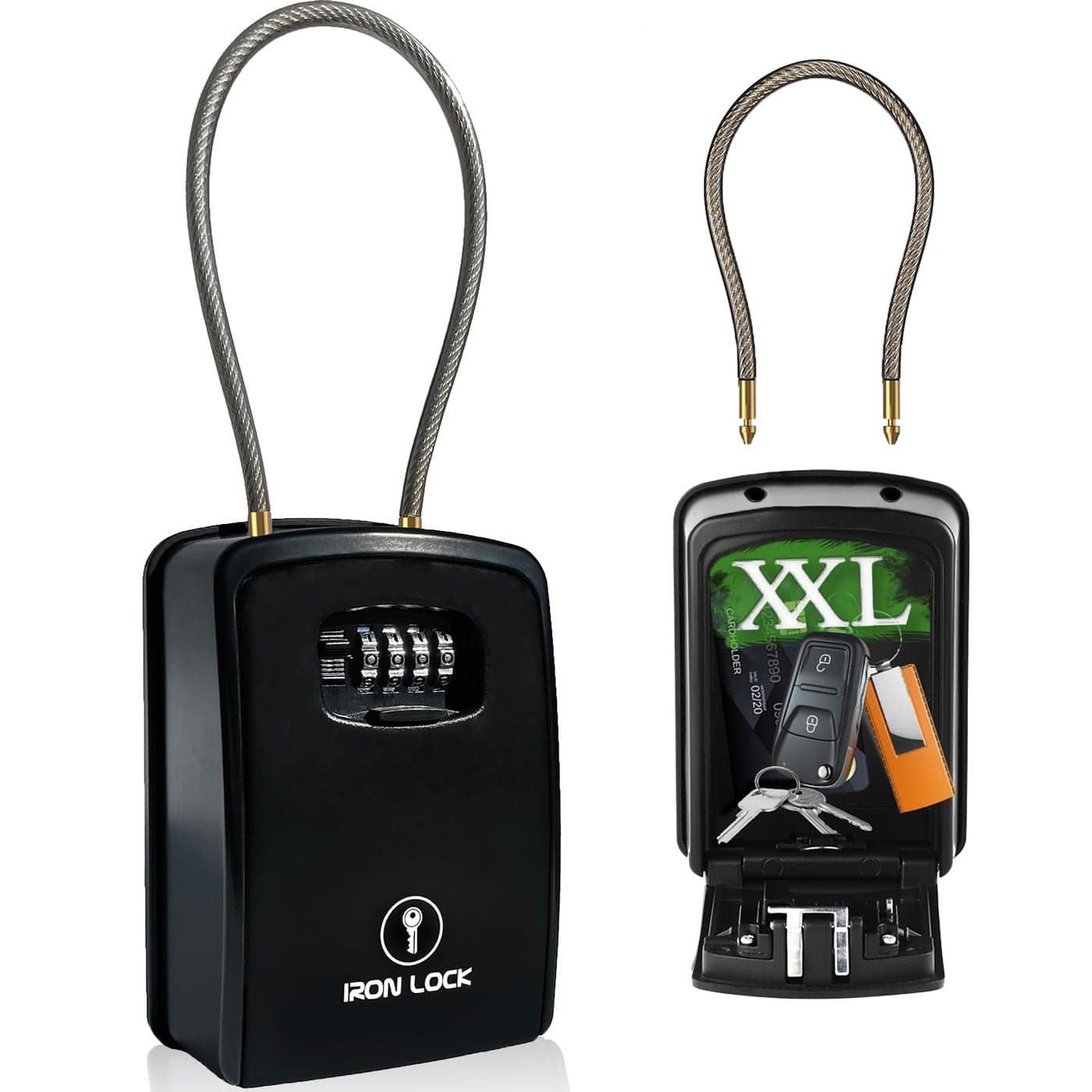 Iron Lock XXL Portable Key Lock Box and Wall Mounted with Removable Cable Shackle Waterproof Indoor Outdoor 4 Digit Combo Resettable Code with A B Switch Extra Large Key Lockbox Outside XXL Black