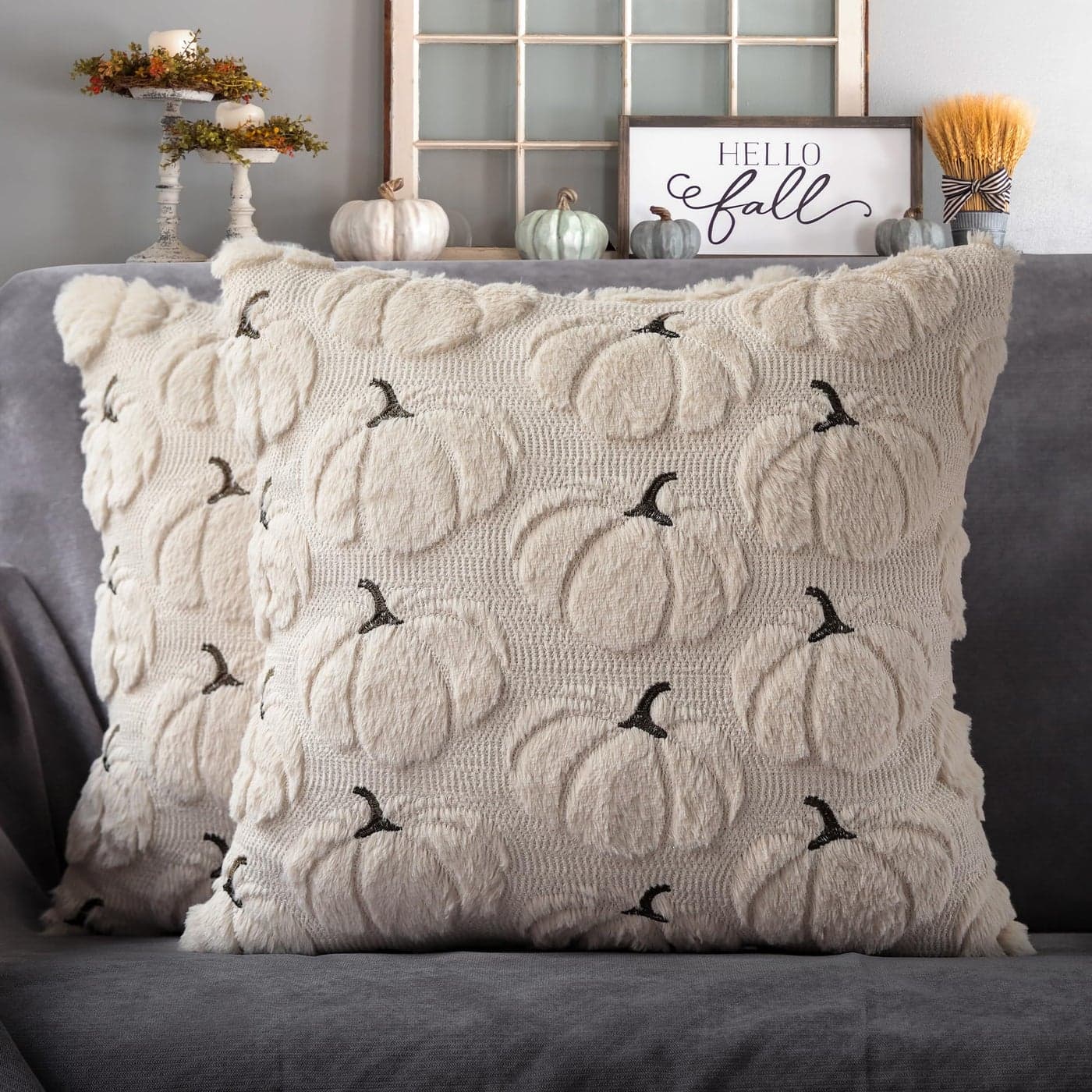 4TH Emotion Fall Pumpkins Decorative Pillow Covers 18x18 Set of 2 Beige Soft Plush Faux Fur Throw Cushion Cases for Autumn Thanksgiving Holiday Home Decorations