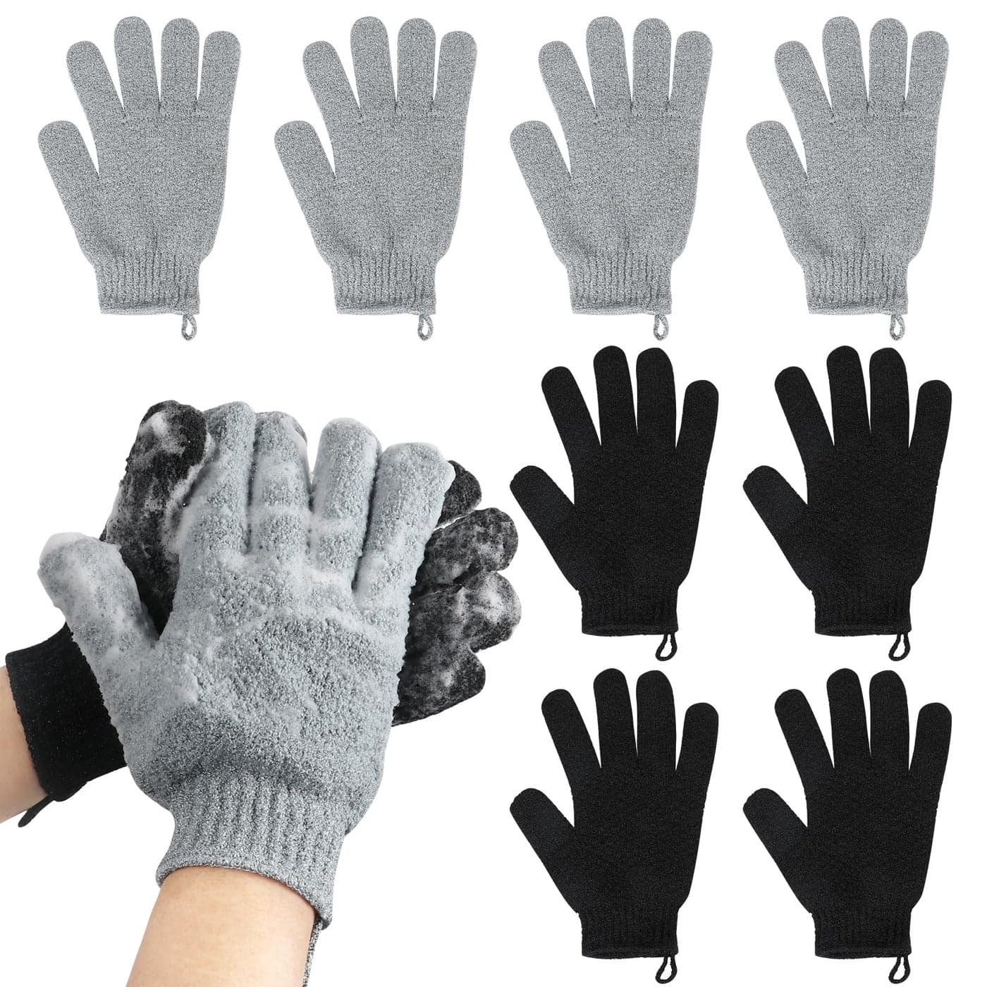 Exfoliating Gloves for Big Hands 8Pack Lengthened and Large DoubleSided Shower Gloves4Pairs8Pcs for Shower Spa Massage Large Bath Gloves 4Pcs Black and 4Pcs Gray