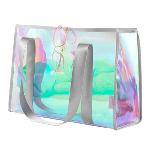 KUAK Large Beach Tote Bag for Women Waterproof Sandproof TipProof Beach Bag Iridescent Clear Tote Bag with Inner Waterproof Zipper Pocket for Pool Travel Cruise Boat Swim