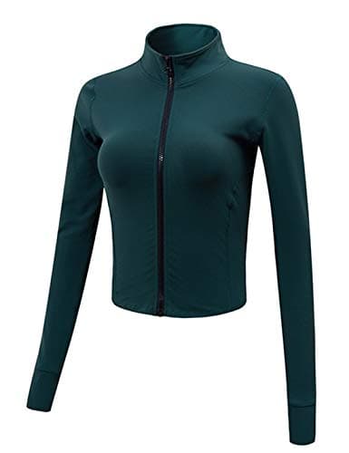 Gihuo Women's Athletic Full Zip Lightweight Workout Jacket with Thumb Holes (DarkGreen, Small)