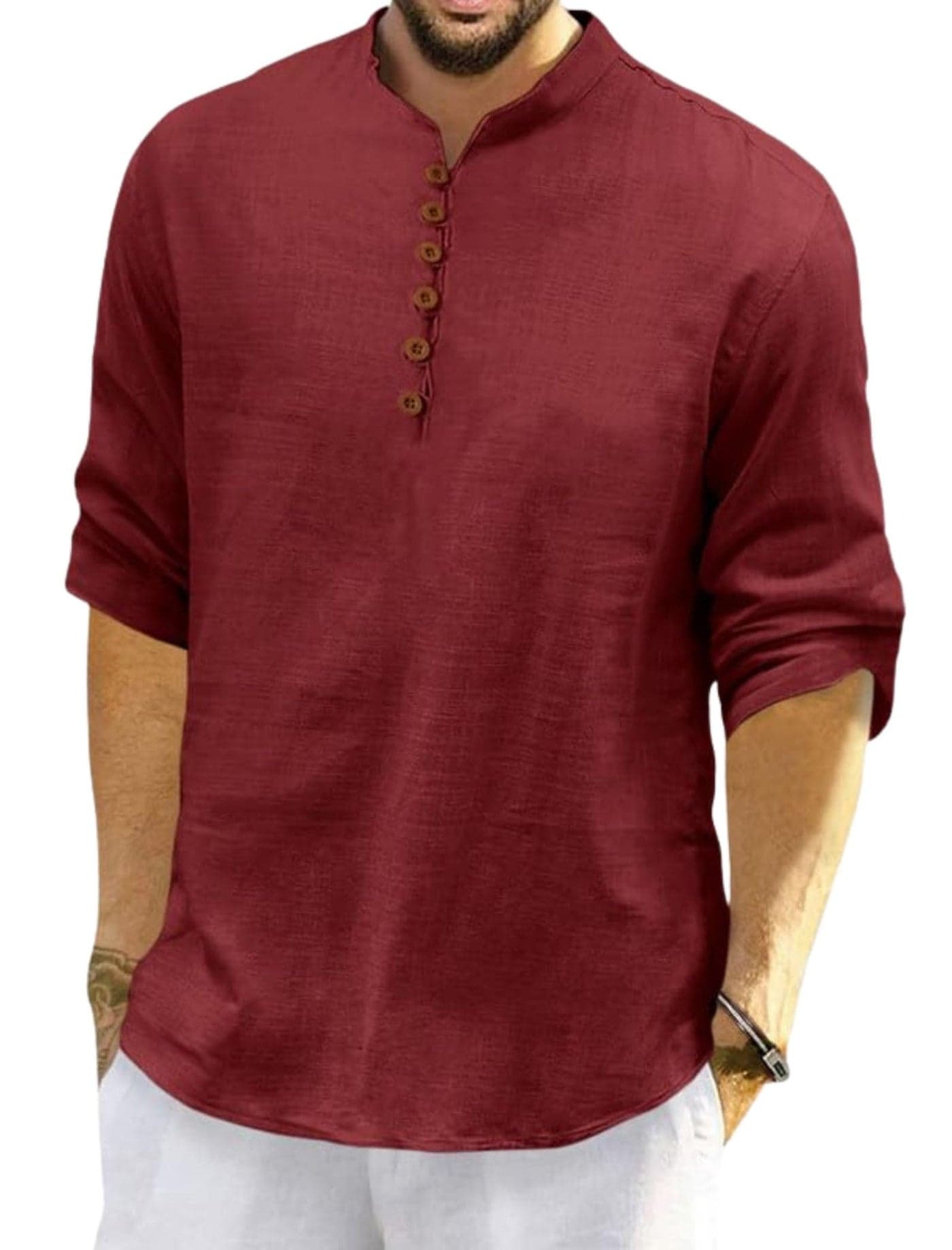 Macsivo Men's Cotton Blend Short Kurta with Solid Mandarin Collared Full Sleeve Curved Hem Length | Kurta for Men Stylish Maroon