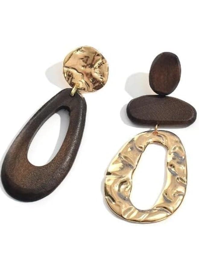 Boho Chic Statement Earrings for Women, Large Wooden & Gold Alloy Geometric Drop Dangle Earrings, Lightweight Ethnic Tribal Vintage Handmade Fashion Jewelry, Unique Bold Oval Abstract Design, 4 inch L