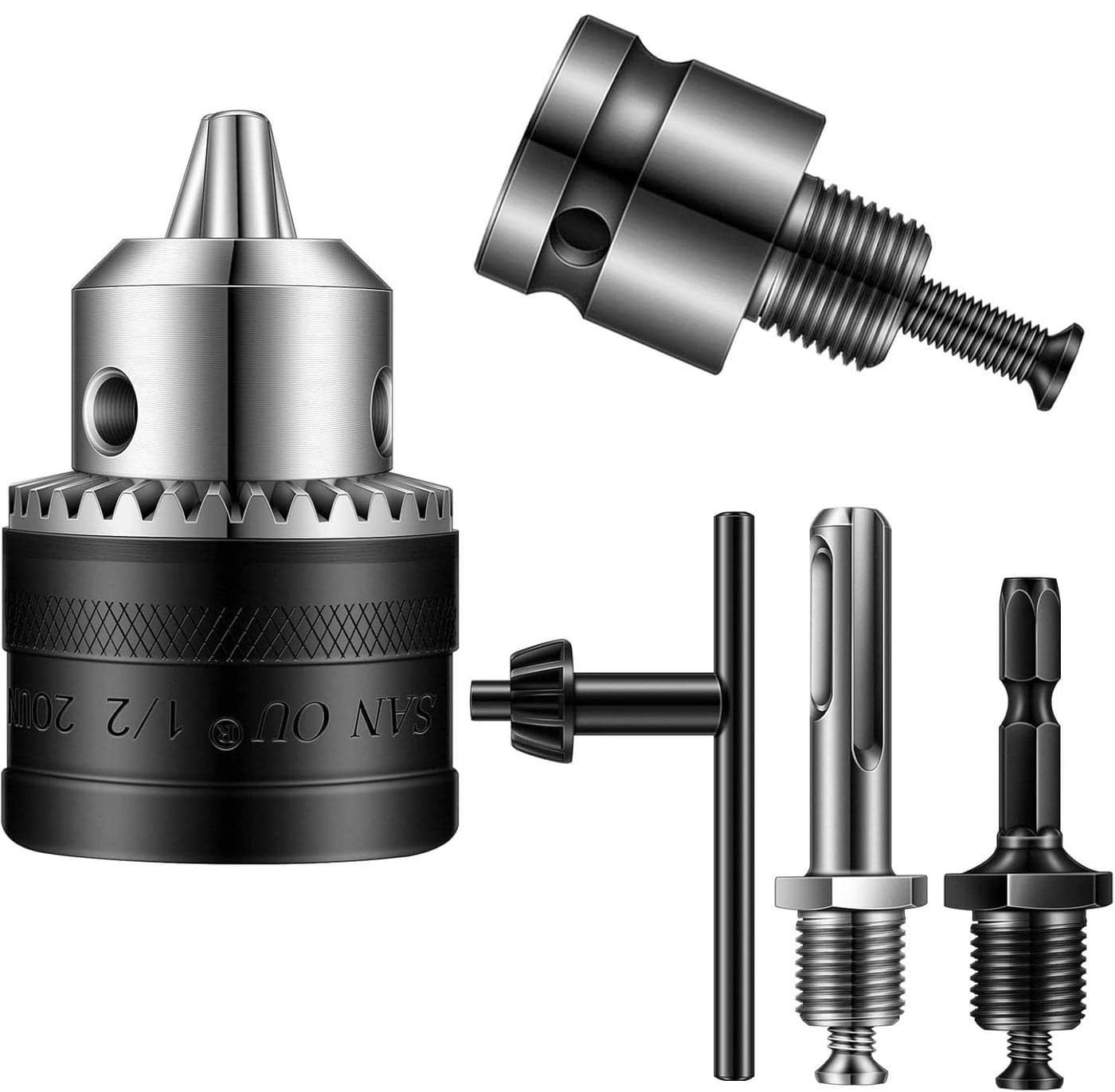DIY Crafts 5 Pcs 1/2-20UNF Mount 1.5-13 mm Capacity Drill Chuck Set with Converter Impact Driver Bits Chuck Drill Wrench 1/2 Inch Shank 1/4 Inch Hex Shank 1/2 Inch Socket Square Female Adapter (5)