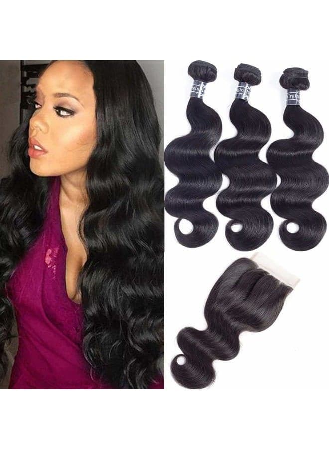 Hair 8A Brazilian Body Wave with Lace Closure (12 14 16+10 Three part) 100% Unprocessed Virgin Brazilian Body Wave Human Hair Extensions with 4x4 Lace Closure Natural Color 315g in Total