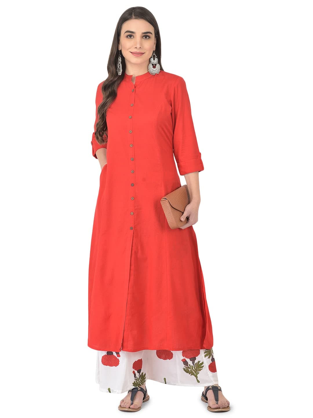 Pistaa's Women's Cotton Solid Readymade Salwar Suit Set (Red, X-Large)