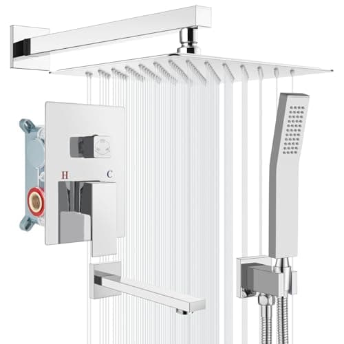 gotonovo Shower System with Tub Spout Wall Mounted Rain Shower Head and Handle Combo Shower Faucet Set with Valve, 12 Inch, Polish Chrome