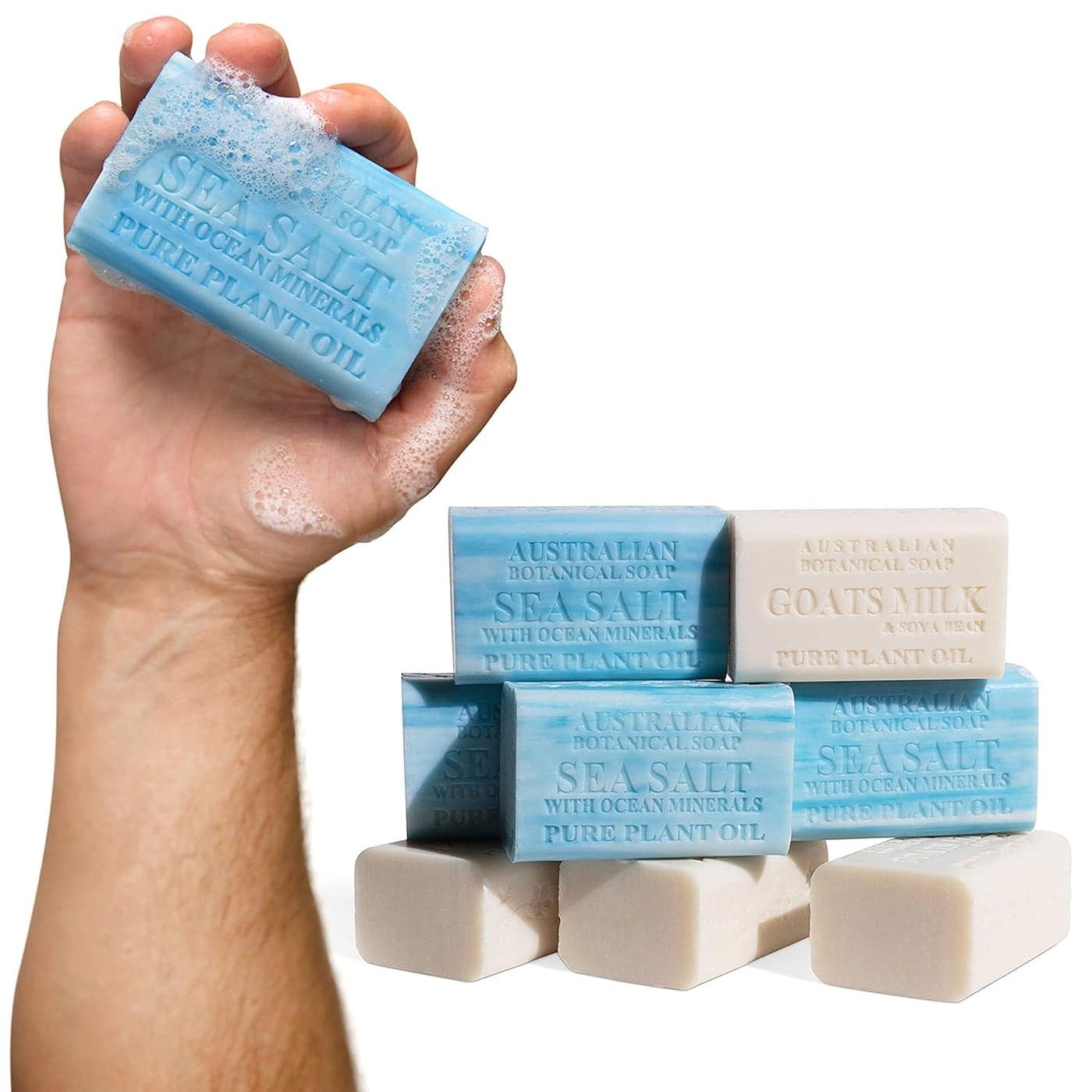Australian Botanical Men's Soap Bars, Duo Pack Luxury Body and Beard Bars, Sea Salt and Goats Milk Soap, Gift for Men, 6.6 oz. 4 Bars of Each, 8 Pack