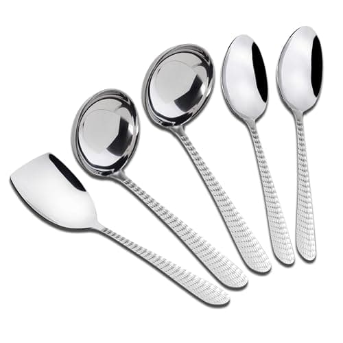 AXIOM Serving Spoons Stainless Steel 5 Piece Heavy Gauge Non-Stick Set of 2 Soup Ladle (Karchi), 2 Solid Spoon (Chamcha) and 1 Rice Spoon for Serving Soup/Curry/dal/Rice/Pasta
