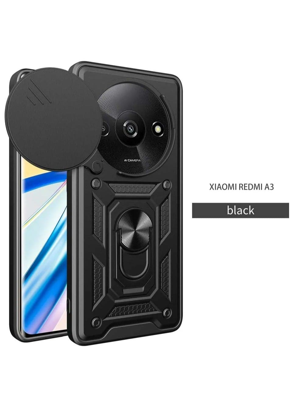 Xiaomi Redmi A3 4G Case, Slide Camera Lens Cover + 360°Rotating Kickstand Ring + Support Magnetic Car Mount Shockproof Mobile Phone Case