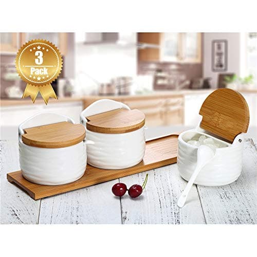 June Sky Sugar and Cream Set,Ceramic Sugar Containers with Lid and Spoon - Porcelain White Salt Boxes, Perfect for Kitchen Home,8.8 fl oz 260ML
