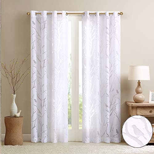 Madison Park Semi Sheer Single Curtain Modern Contemporary Botanical Print Out Design, Grommet Top, Window Drape for Living Room, Bedroom and Dorm, 50x63", Bird White
