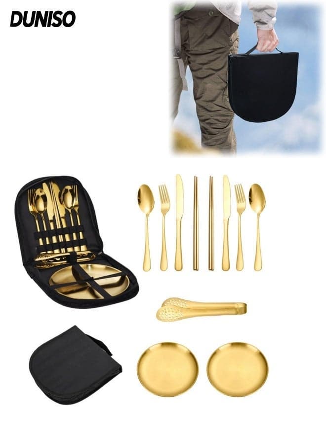 11 Pcs Stainless Steel Camping Cutlery Set, Portable Camping Cutlery Set,Mirror Polished Utensil Set with Knife, Fork, Spoon, Food Clip, Chopsticks, Plate and Portable Cutlery Bag, Suitable for Outdoor Hiking, Picnicking, and Barbecue(Gold)