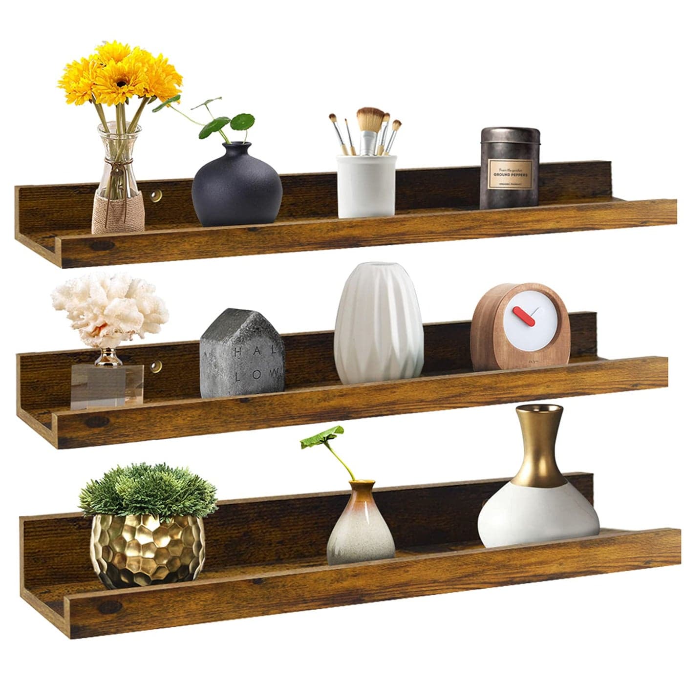 Giftgarden 24 Inch Floating Shelves Wall Mounted Set of 3 Rustic Large Wall Shelves Picture Ledge Shelf for Bedroom Living Room Bathroom Kitchen 3 Different Sizes