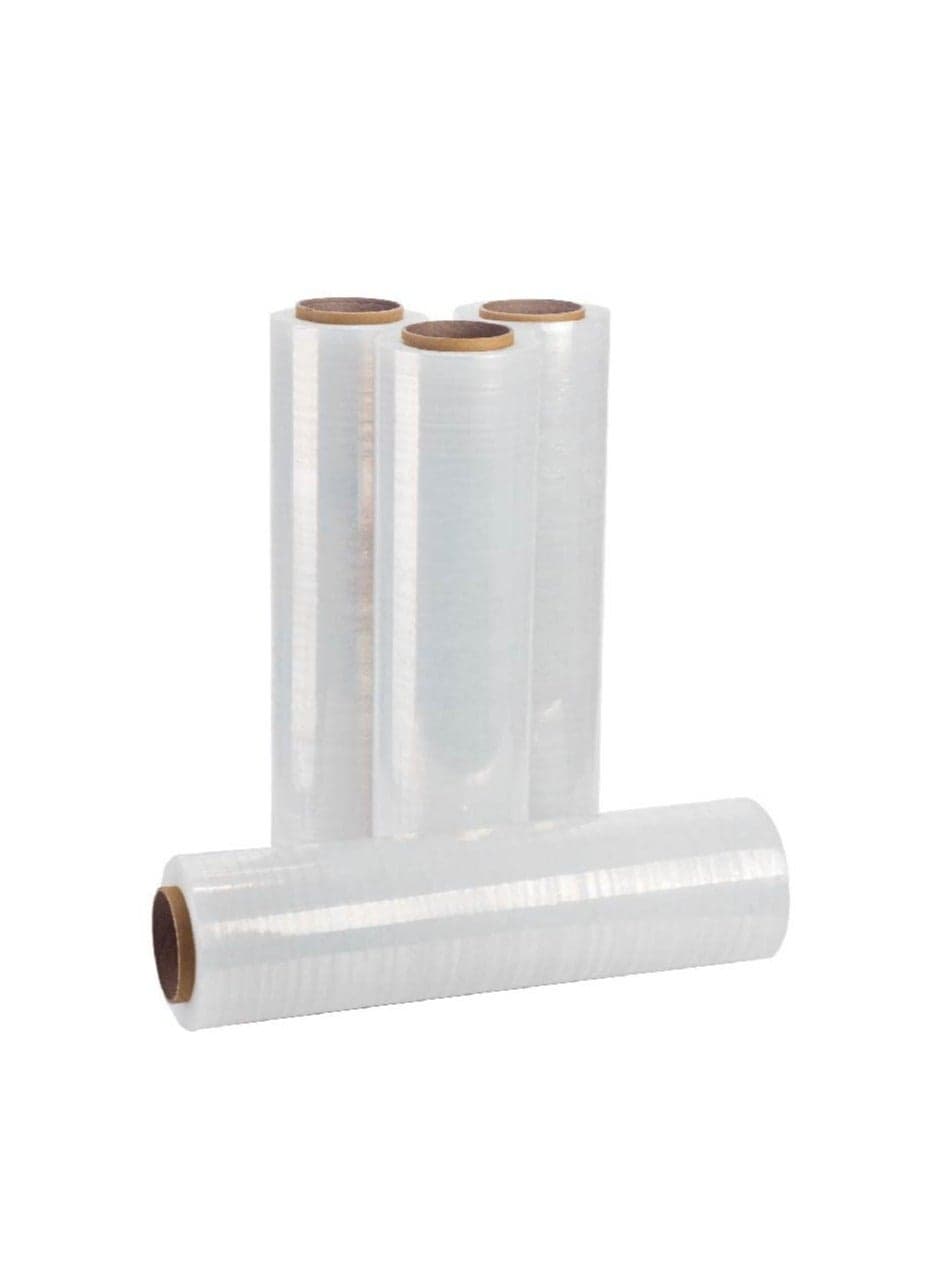 4 rolls of Cast Hand Stretch Film 12" x 1500'. Hand Stretch Wrap, 80 Gauge Thickness. Excellent Tear Resistance. Clear Residue Free Film for Moving, Shipping, Wrapping. Industrial Grade Cast Film.