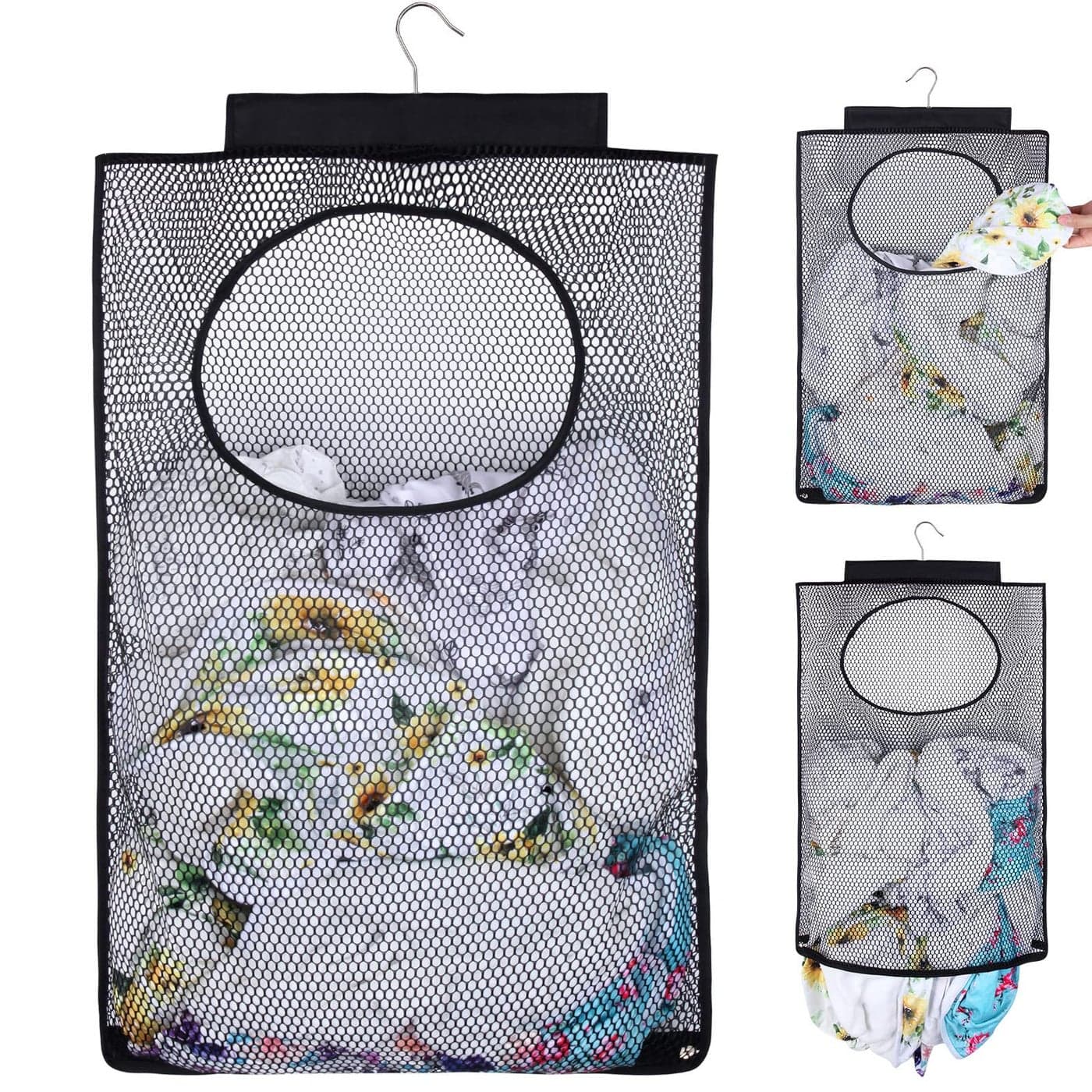 GUMQDD Breathable Mesh Laundry Hamper Bringing Hooks Foldable Hanging Shower Caddy Fast Drying Portable Space Saving Storage Bag Applied to College Dorm Rooms Gym Swimming and RV Travel Black
