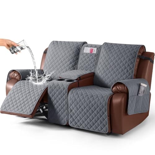 KinCam 100% Waterproof Recliner Loveseat Cover with Console, Non-Slip Reclining Couch Covers for 2 Seat, Recliner Sofa Cover Furniture Protector with Elastic Straps for Kids, Pets, Dark Gray