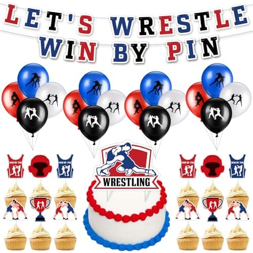 VioraWhite 31 Pcs Wrestling Party Decorations Lets Wrestle Banner Backdrop 12 Inch Balloon Dessert Cupcake Cake Toppers Set Wrestler happy Birthday Party Favors Match Decor Supplies