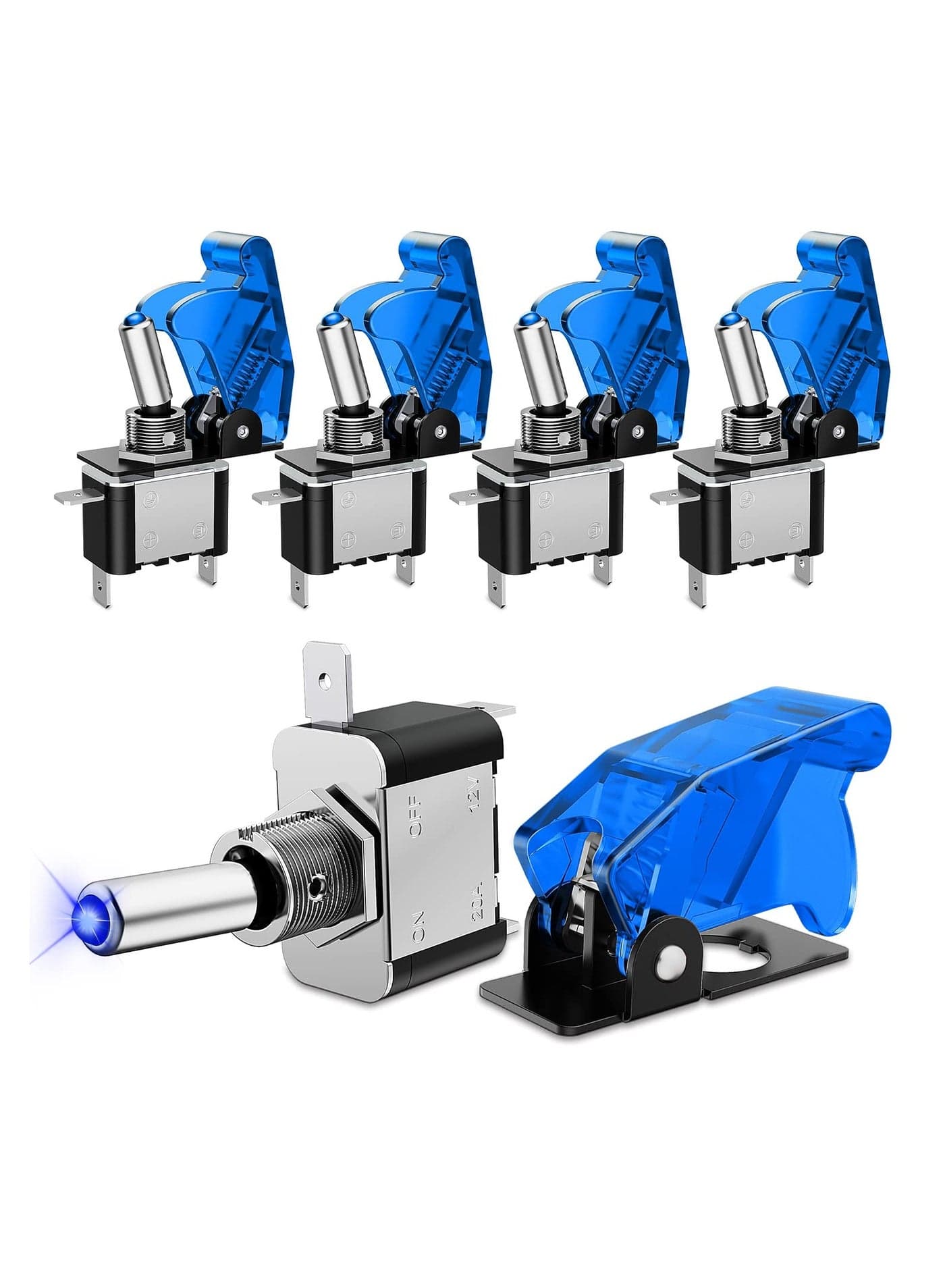 5PCS 12V Blue LED Lighted Toggle Switch with Safety Cover - Heavy Duty 20A SPST 3 Pin Rocker Switch for Automotive, Cars, Trucks, and Boats.