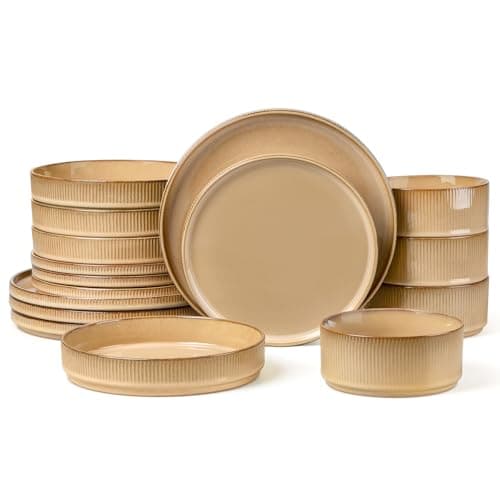 LIANYU 16 Piece Dinnerware Sets with Double Bowls, Ceramic Plates and Bowls Set for 4, Ribbed Stoneware Dishes, Microwave and Dishwasher Safe, Dune Khaki